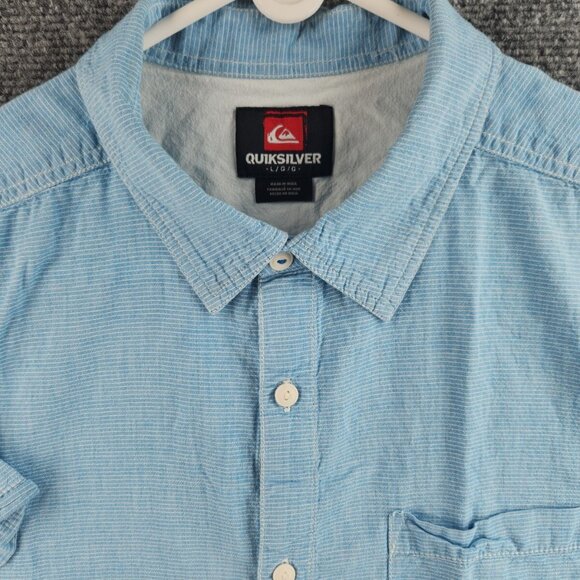 Quiksilver Button Up Shirt Men Short Sleeve Blue Striped Large Cotton Woven - Picture 1 of 15
